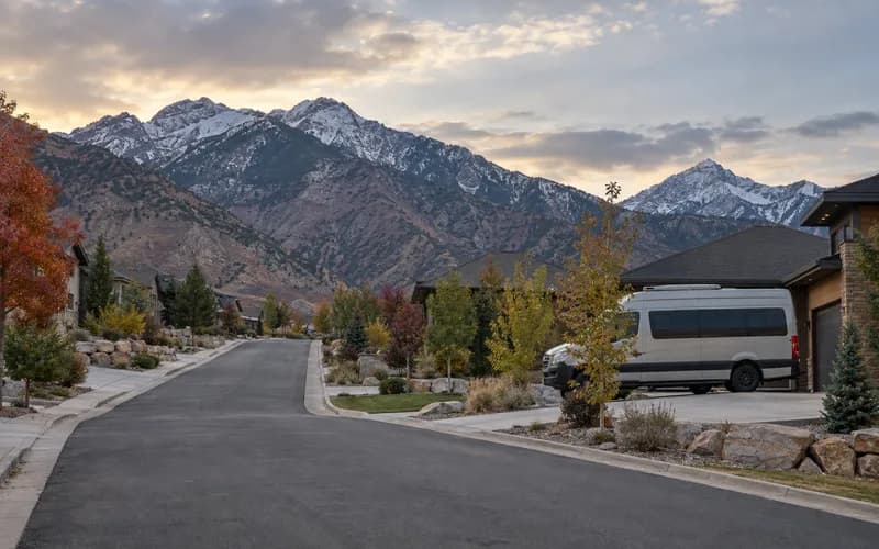 A camper van on a Sandy driveway, on a suburban street rising toward the Wasatch mountain front