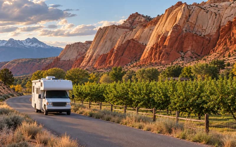 A motorhome on a paved scenic drive beside historic orchards below striped cliffs