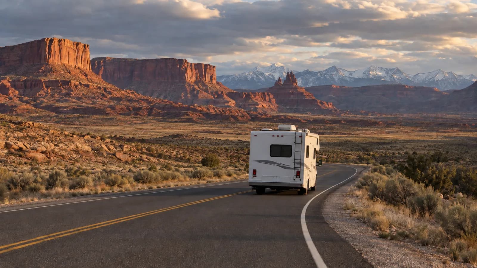 A Class C motorhome on a two-lane Utah highway with red rock mesas ahead and the Wasatch range behind
